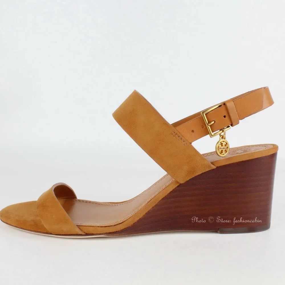 NEW Tory Burch Mini Benton Wedged Suede Leather Sandals, Ambra, US 10